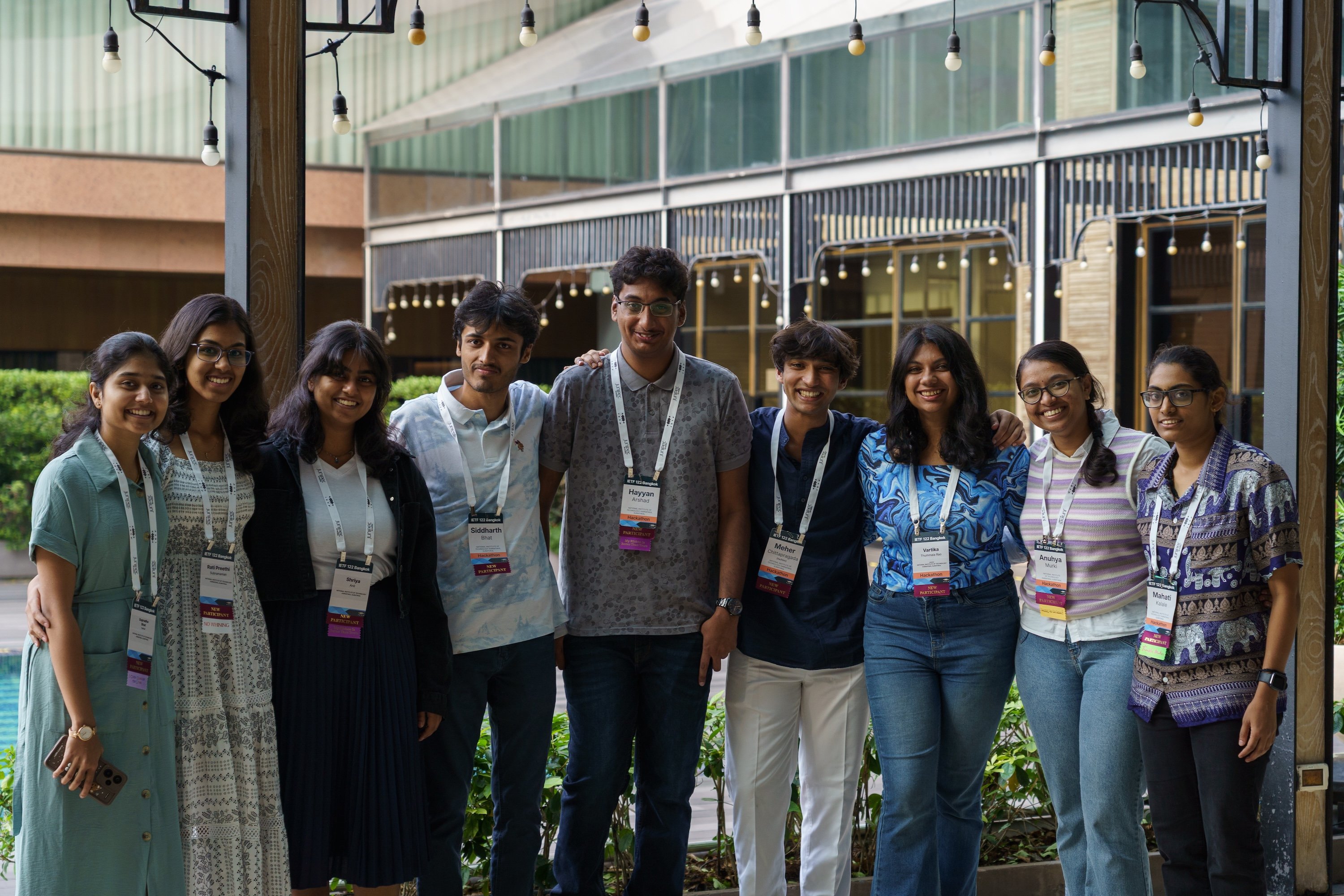 A group of final-year undergraduate students majoring in Computer Science and Engineering at the National Institute of Technology Karnataka (NITK) in the Surathkal town of Mangalore, India at IETF 122 in Bangkok.